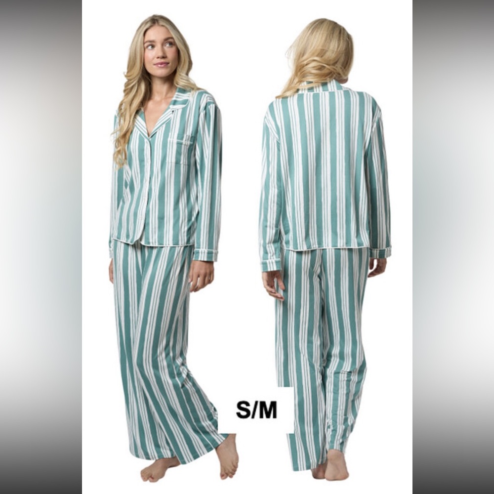 Women's Honeydew Striped Button-Front Pajama Set - Green/White